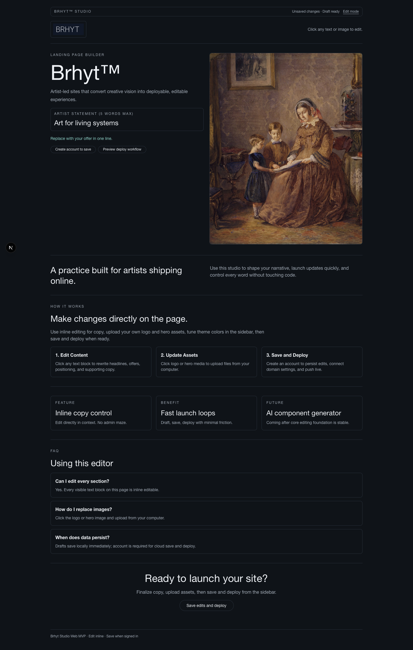 Studio Web landing canvas